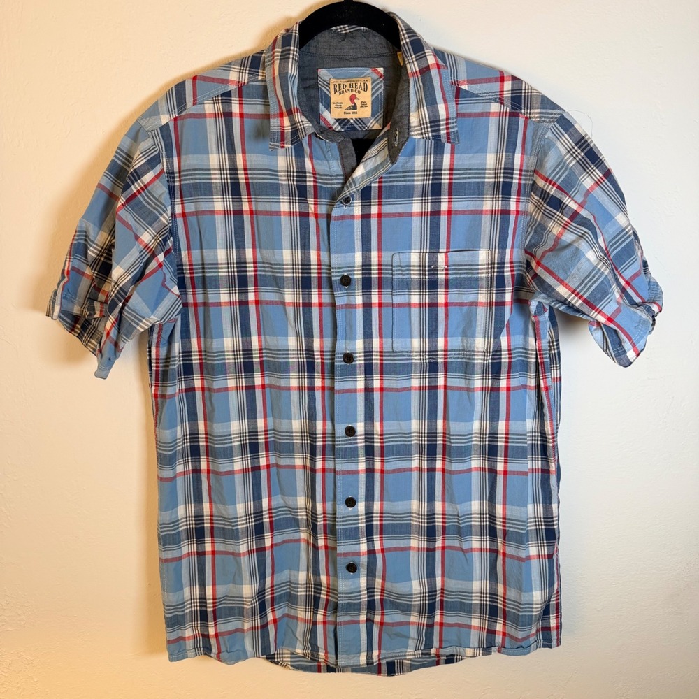 RedHead Brand Co Mens Short Sleeve Plaid Button Down Shirt Blue Red White Size M